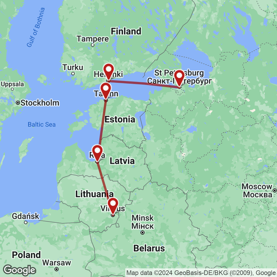 Route for Vilnius, Riga, Tallinn, Helsinki, St. Petersburg tour